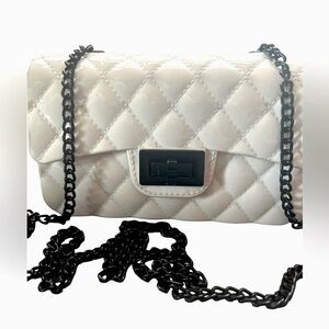 BCBG Women’s White Patterned Mini Purse with Black Chained Strap